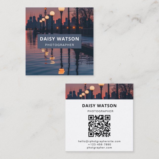 Sleek, Modern Cityscape for Photographers qr-code Square Business Card (Front/Back)