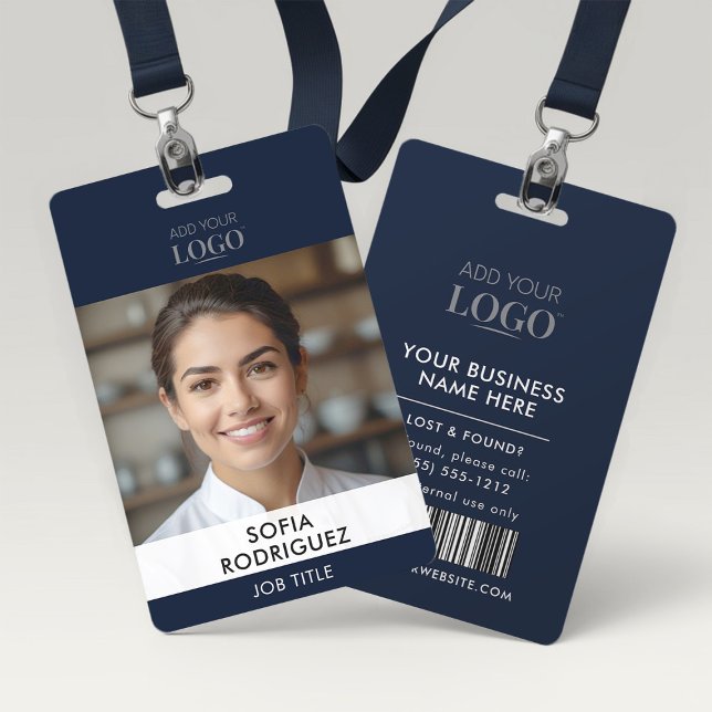 Sleek Modern Navy Blue Corporate Photo Barcode ID ID Badge (Creator Uploaded)
