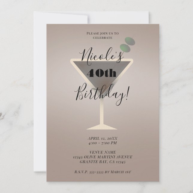 Sleek Olive Martini Glam Cocktail Birthday Party Invitation (Front)