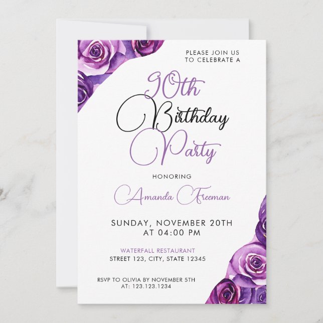 Sleek Purple Rose 90th Birthday Invitation (Front)