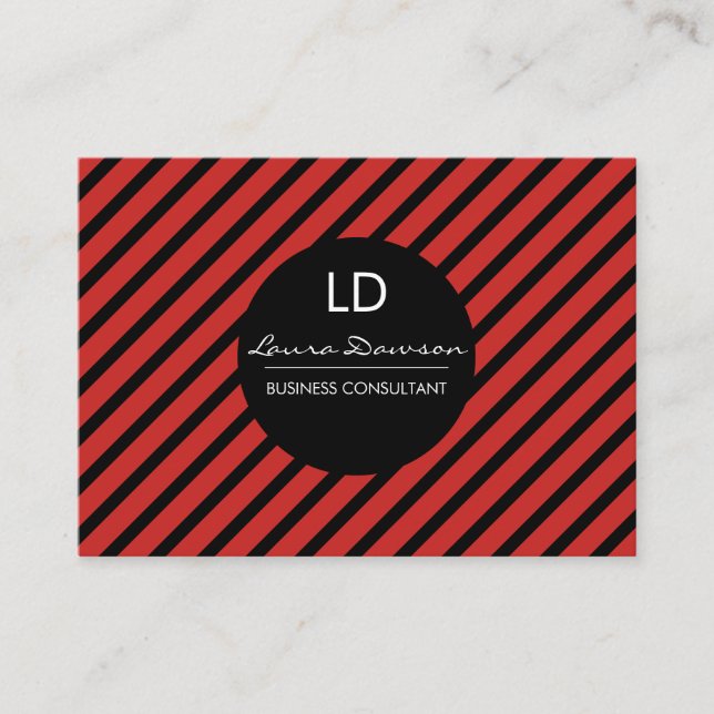 Sleek Red Monogram Circle and Stripes Business Card (Front)