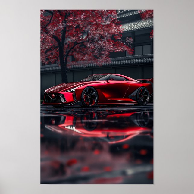 Sleek Red Nissan GTR 2028 Concept Car Side View Po Poster (Front)