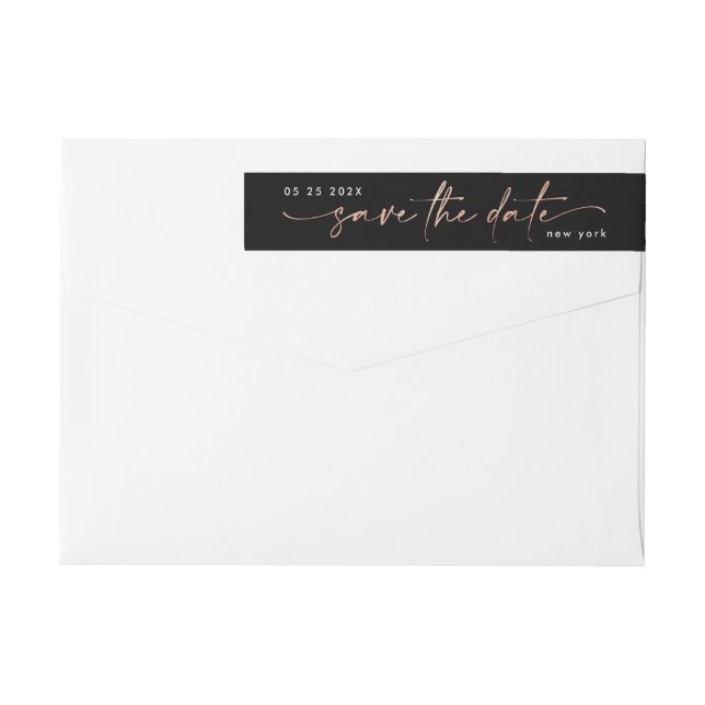 Sleek Romance | Rose Gold on Black Save The Date | Wrap Around Label (Back)