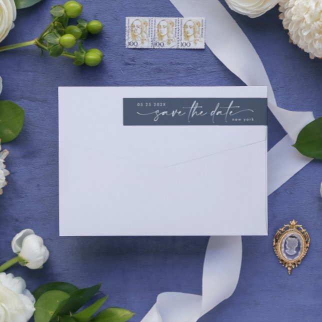 Sleek Romance Snow White Navy Blue Save The Date Wrap Around Label (Creator Uploaded)