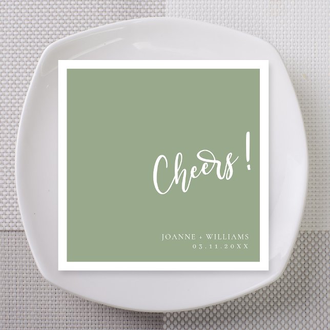 Sleek Sage Green Bold Script Cheers Wedding Napkin (Sage green wedding napkins with white hand-lettered Cheers for greenery themed reception)