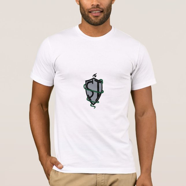 "Sleek Serpent Shield T-Shirt Design" (Front)