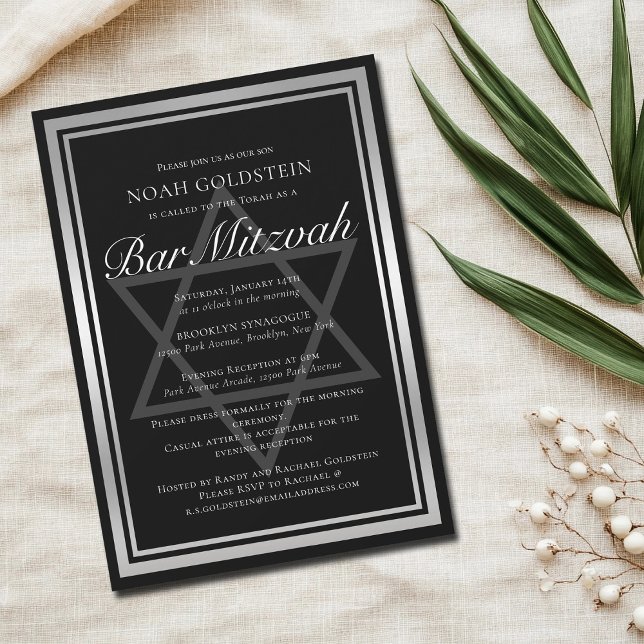 Sleek Silver Black Formal Bar Mitzvah Invitation (Creator Uploaded)