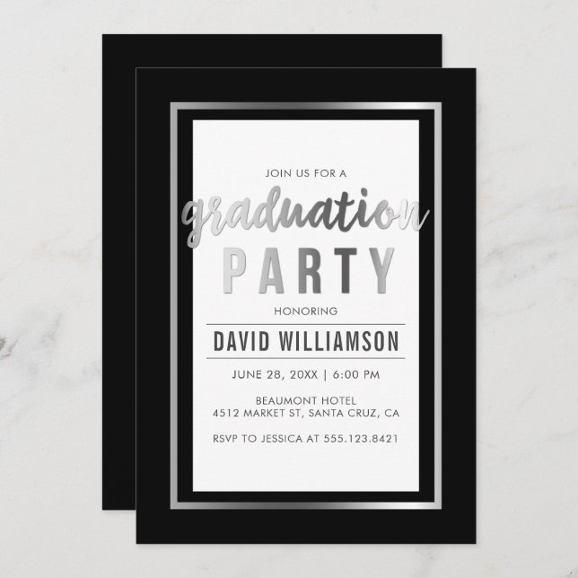 Sleek Silver & Black Typography Graduation Party Invitation (Front/Back)