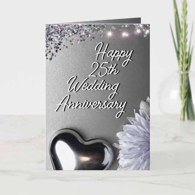 Sleek Silver Heart 25th Wedding Anniversary Card (Front)