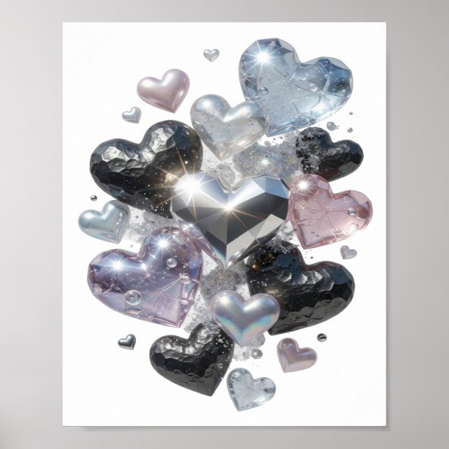 Sleek Silver HEARTS AND DIAMONDS Text Design Poster (Front)