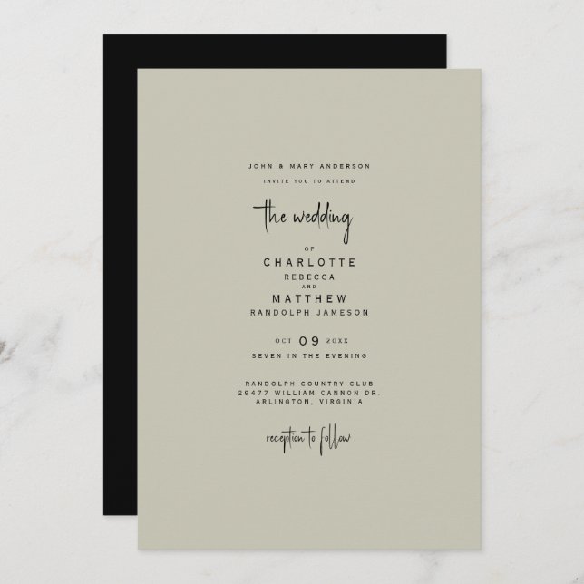 Sleek & Simple Bride Parents Khaki & Black Wedding Invitation (Front/Back)