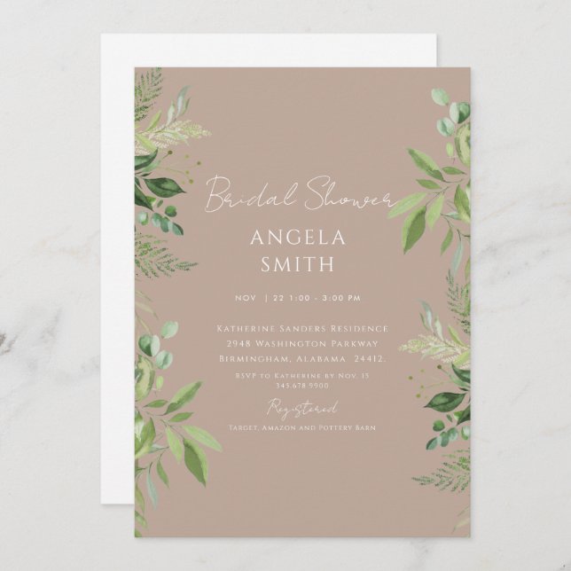 Sleek & Simple Foliage Bridal Shower Taupe Invitation (Front/Back)