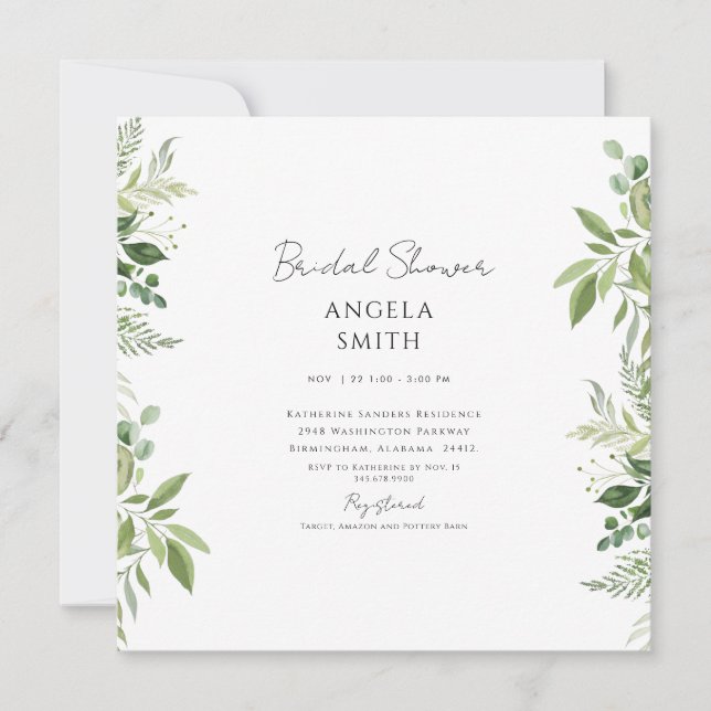 Sleek & Simple Foliage White Bridal Shower Square Invitation (Front)