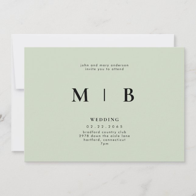 Sleek & Simple Monogram Sage Wedding Invitation (Front)