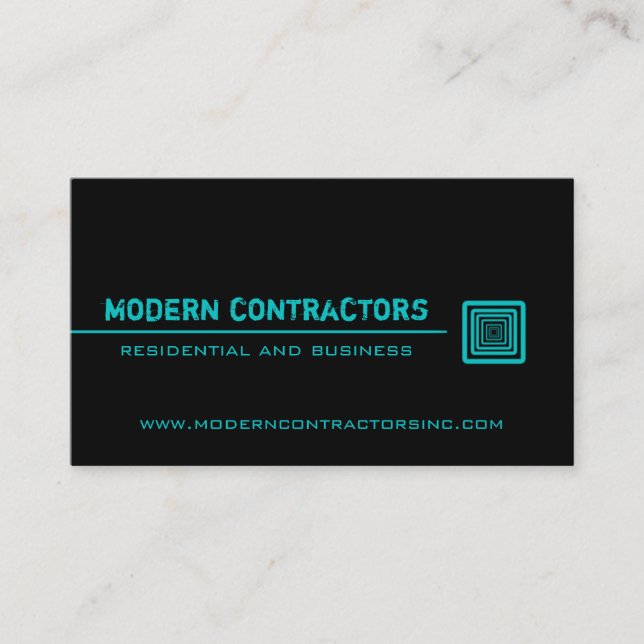 Sleek Square Business Card, Black and Turquoise Business Card (Front)