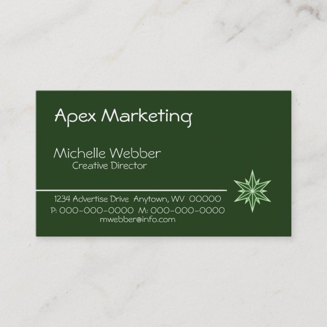 Sleek Starburst Business Card, Forest Green Card (Front)