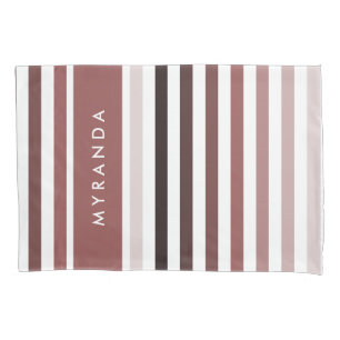 Sleek Thick Stripes With Name in Rosy Brown Pillowcase