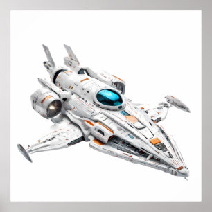 Sleek White and Orange Futuristic Starship Poster