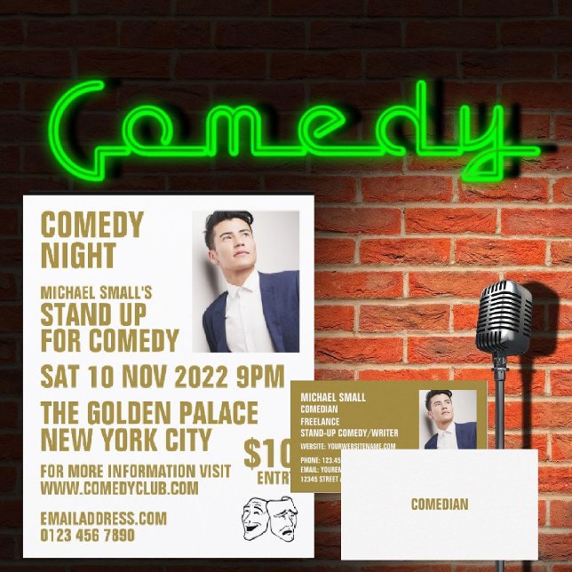 Sleek White & Gold, Comedian, Comedy Club Advert Flyer (Creator Uploaded)