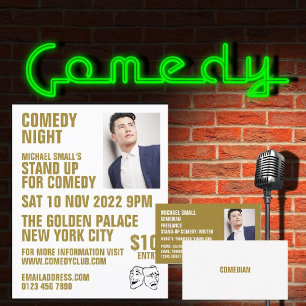 Sleek White & Gold, Comedian, Comedy Club Business Card