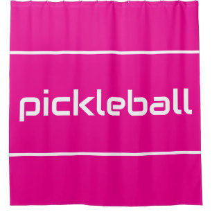 Sleek White PICKLEBALL Text Stripes On Bright Pink Shower Curtain