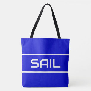 Sleek White Text Stripes On Nautical Royal Blue Tote Bag