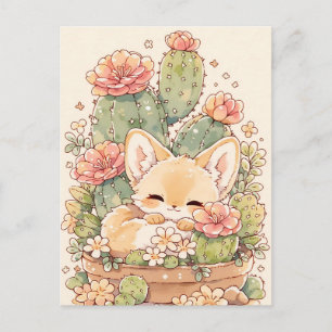 Sleeping Apricot Cactus Pot Fennec Fox Postcard