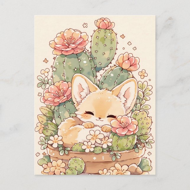 Sleeping Apricot Cactus Pot Fennec Fox Postcard (Front)