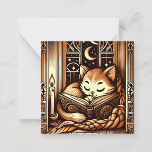 Sleeping Art Deco Style Cat With A Book Card