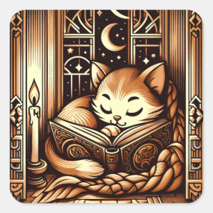 Sleeping Art Deco Style Cat With A Book Square Sticker