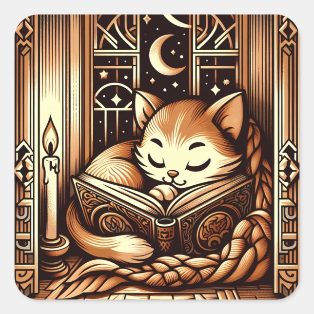 Sleeping Art Deco Style Cat With A Book Square Sticker (Front)
