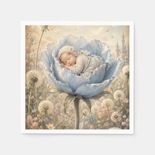 Sleeping baby blue flower dandelions napkin (Front)
