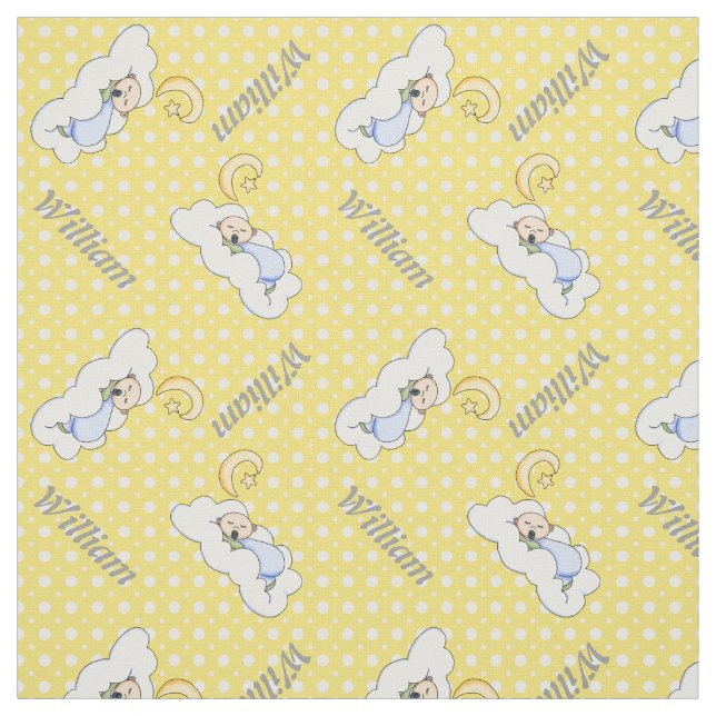 Sleeping baby boy, name & yellow polka dot nursery fabric (Swatch)