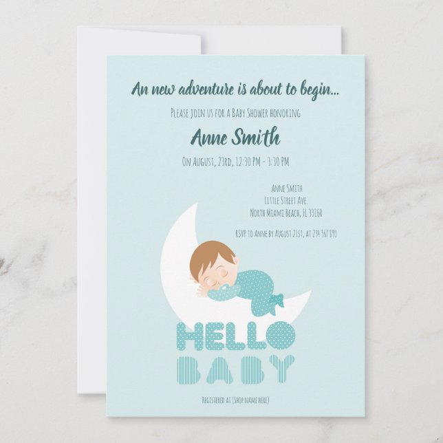Sleeping baby boy on the moon Baby Shower  Invitat Invitation (Front)