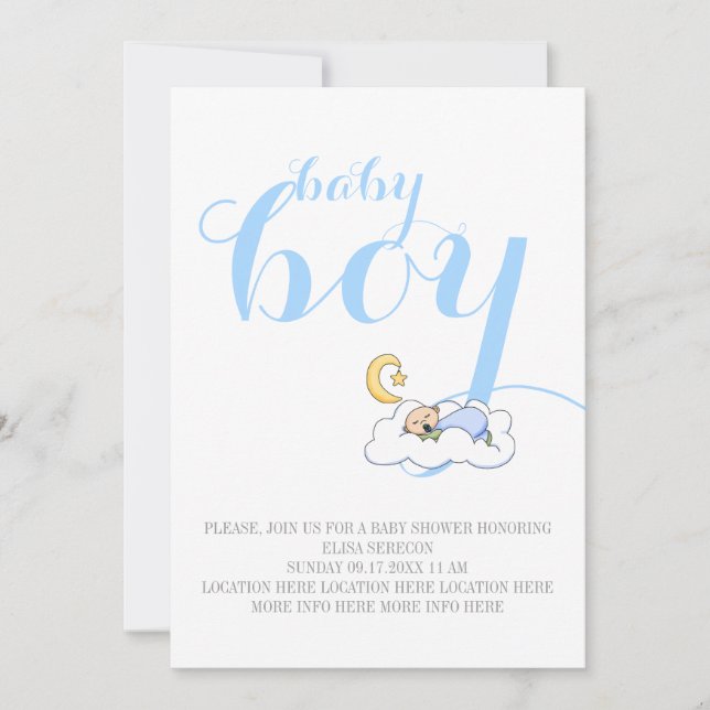 Sleeping baby boy shower blue text minimal invitation (Front)