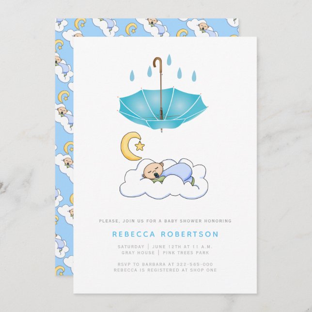 Sleeping baby boy shower blue umbrella invitation (Front/Back)