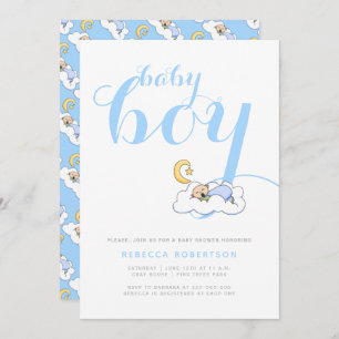 Sleeping baby boy shower elegant blue typography invitation