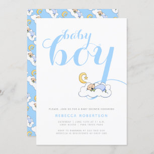 Sleeping baby boy shower elegant blue typography invitation