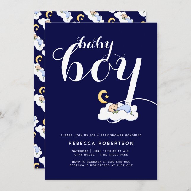 Sleeping baby boy shower navy blue typography invitation (Front/Back)
