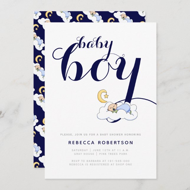 Sleeping baby boy shower navy blue typography invitation (Front/Back)