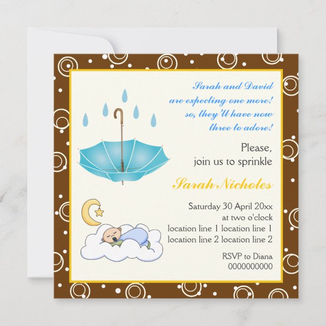 Sleeping baby boy sprinkle blue brown invitation (Front)