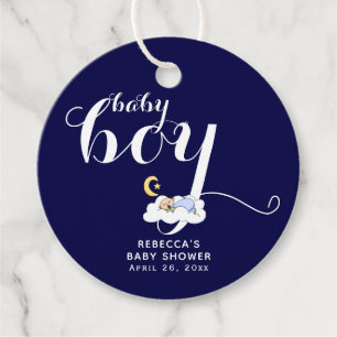 Sleeping baby boy typography navy blue baby shower favour tags