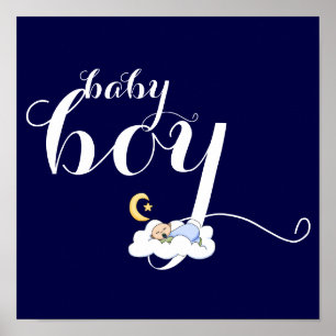 Sleeping baby boy typography navy blue nursery poster