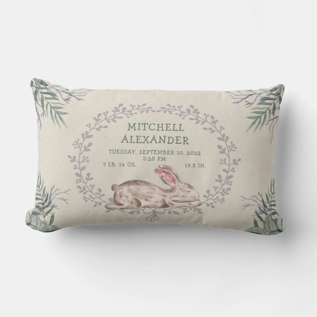 Sleeping Baby Bunny Rabbit Birth Stats pillow (Front)