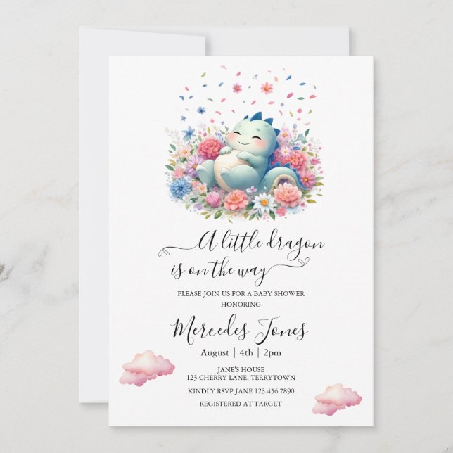 Sleeping Baby Dragon With Rainbow Flowers Art  Invitation (Front)