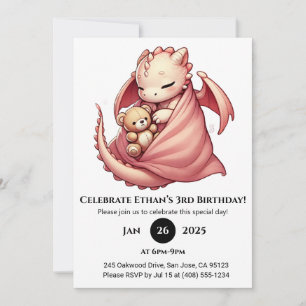 Sleeping Baby Dragon with Teddy Birthday Invitation