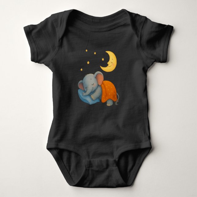 Sleeping Baby Elephant Under the Moon – Cute Dream Baby Bodysuit (Front)