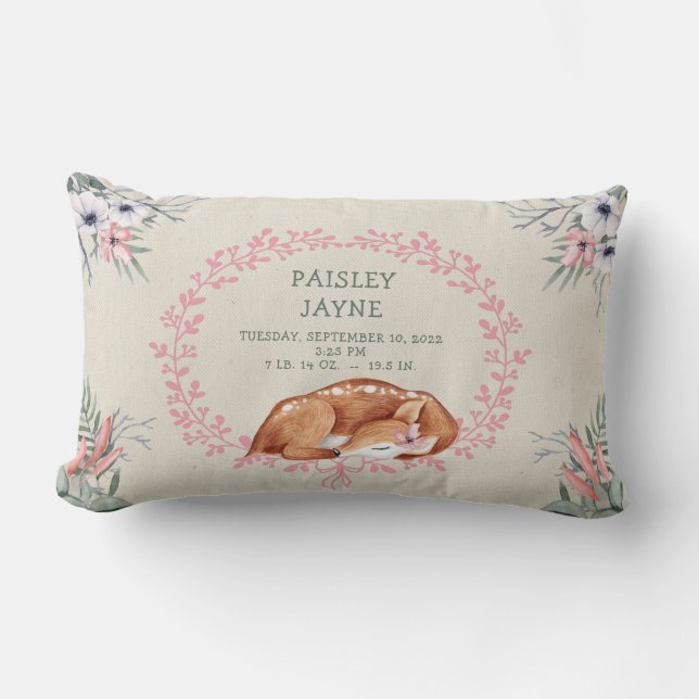 Sleeping Baby Girl Deer Birth Stats pillow (Front)