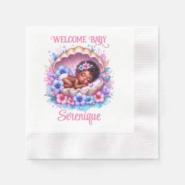 Sleeping Baby Girl in Seashell Floral Pastel Napkin (Front)