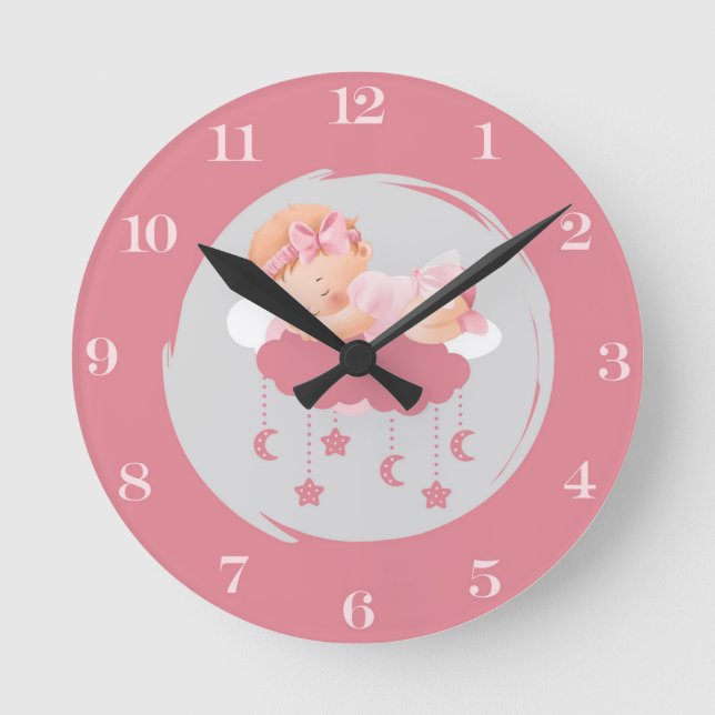 Sleeping Baby Girl Luna On Clouds Wall Clock (Front)